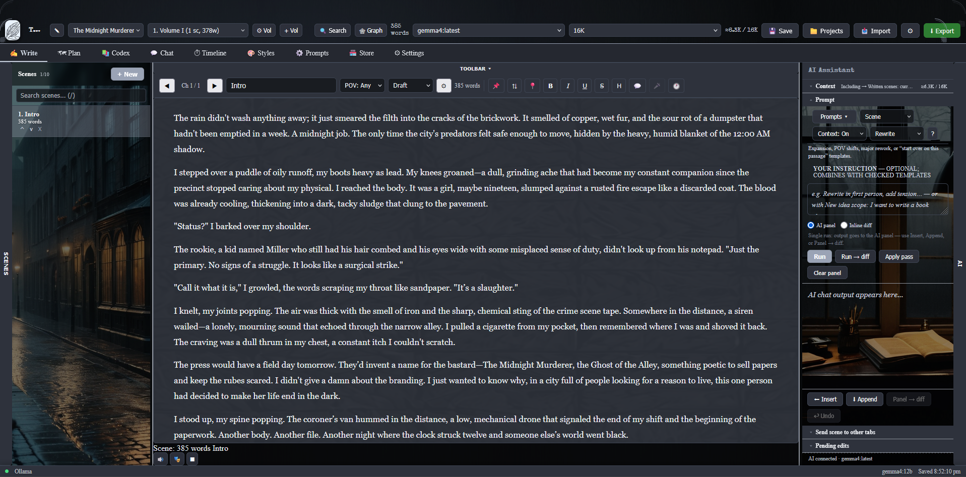 Second Quill with Storm Gothic theme and AI panel