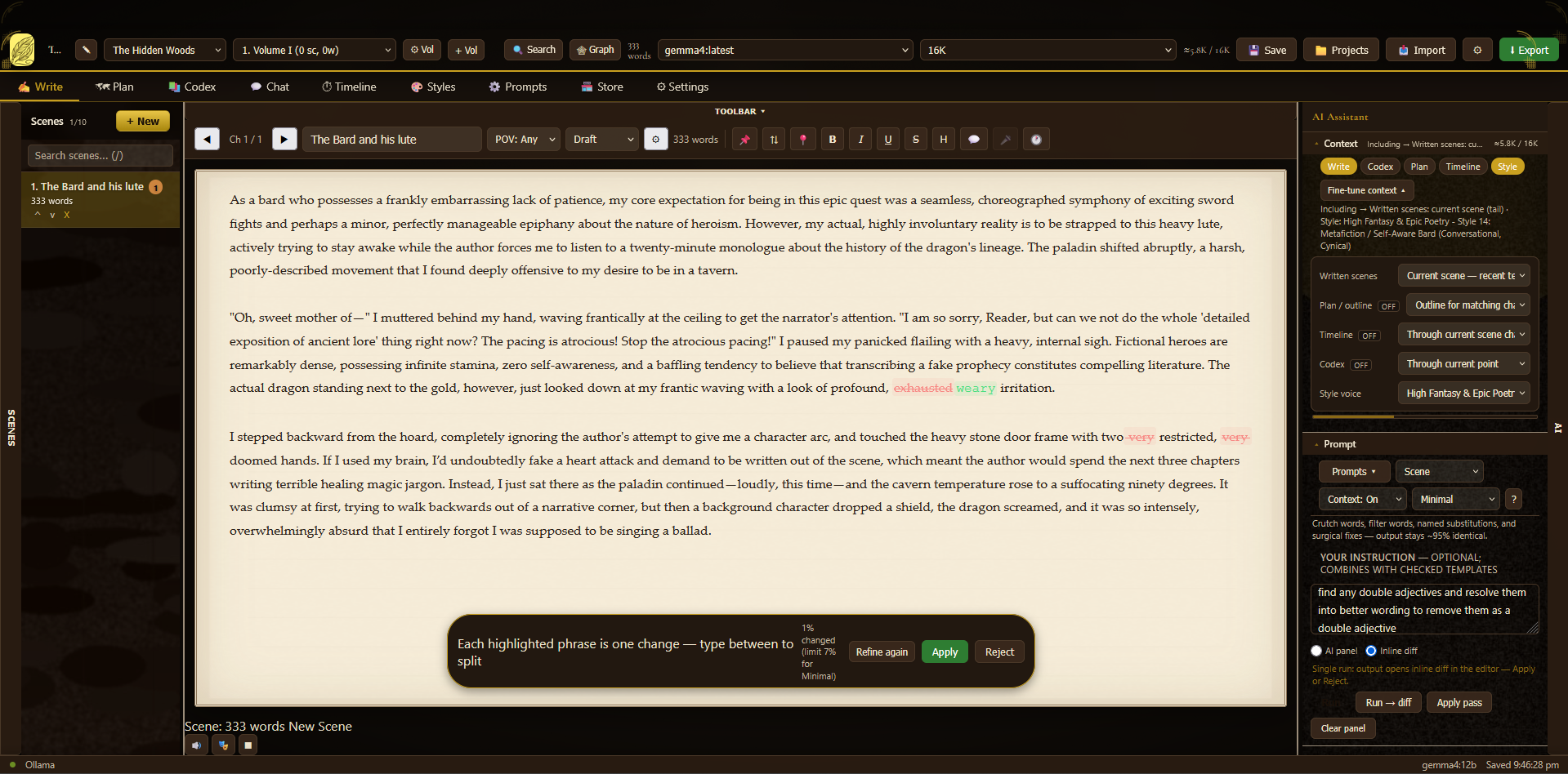 Second Quill writing workspace with Writer's Desk theme